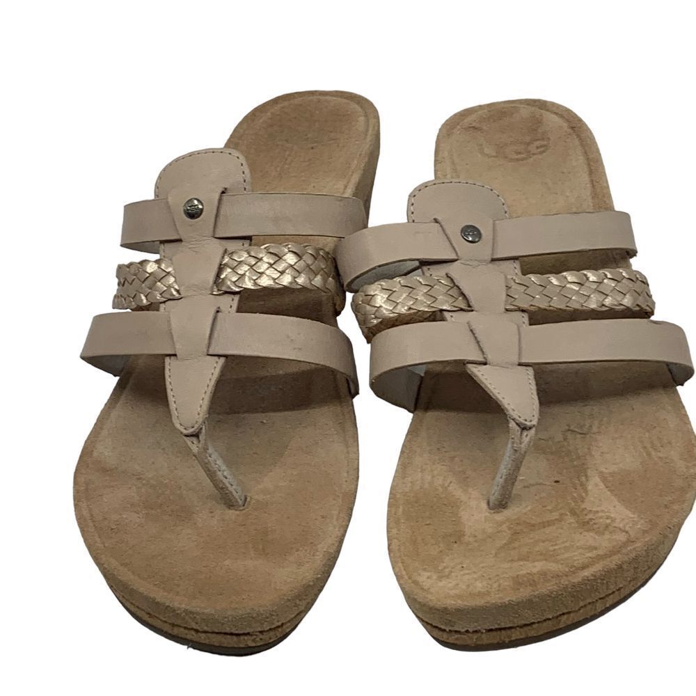 Ugg Women's Maddie Sandals Beige Leather Cork Wedge Slip On Strappy Size 10‎